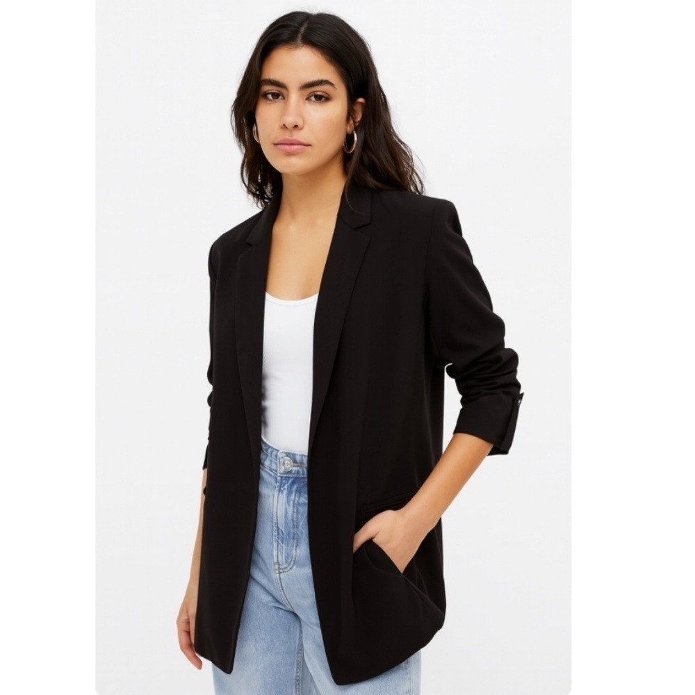 Bershka Double Breasted Black Blazer w/ Ruched 3/4 Length Sleeves Size Large